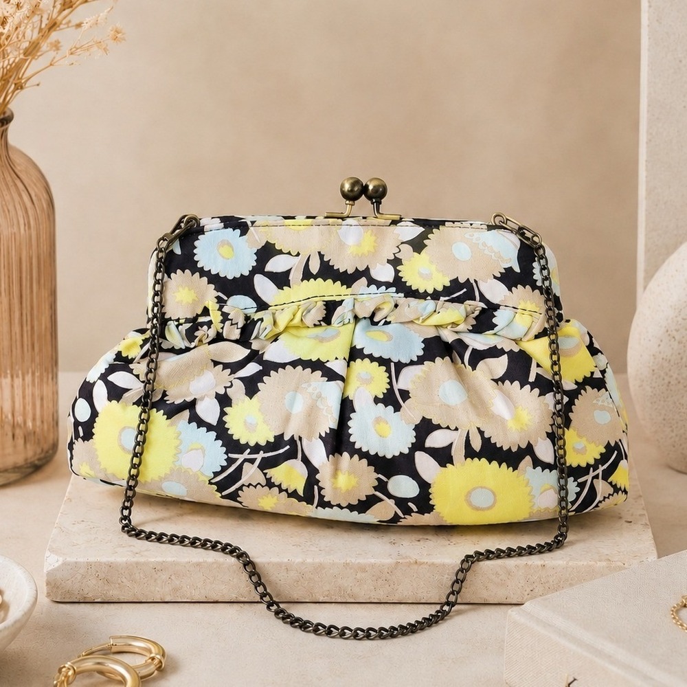 Vintage Y2K Floral Kiss Lock Mini Clutch Bag Yellow Daisy Silk Blend Chain Strap
